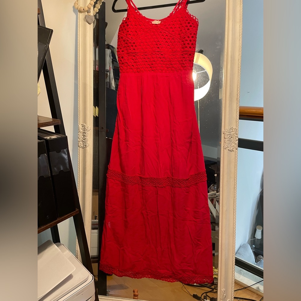 Bright Red Summer Maxi Dress with knit accents